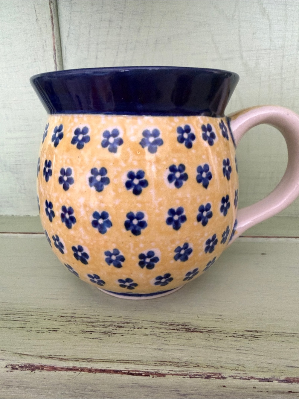 Polish Pottery Yellow & Navy Floral Ceramic Mug